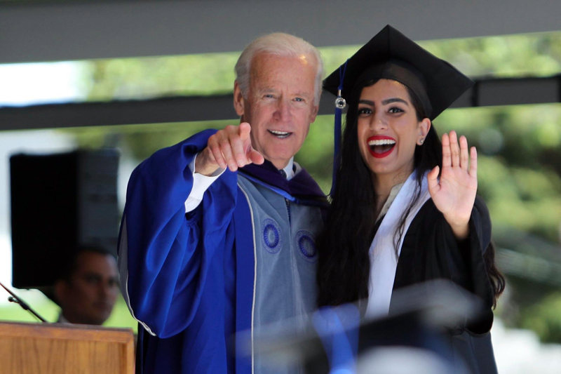 Newcastle resident Izzy Zaidi poses with former U.S. Vice President Joe Biden at Colby College in Waterville on Sunday, May 21 shortly after she graduated from the college with a bachelor's degree in sociology. Biden was the commencement speaker. (Photo courtesy Rifat Zaidi)