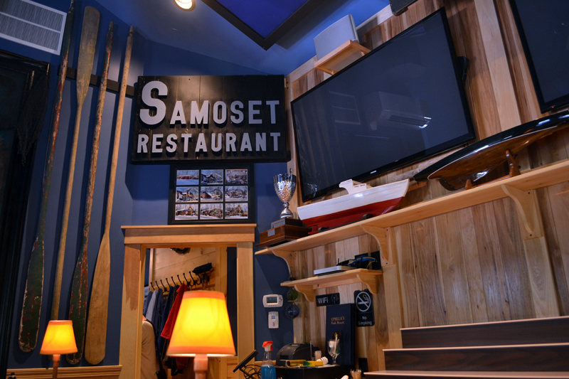 The Harbor Room honors the former Samoset Restaurant with a sign over the bar. The restaurant will reopen under new ownership in July. (Maia Zewert photo)