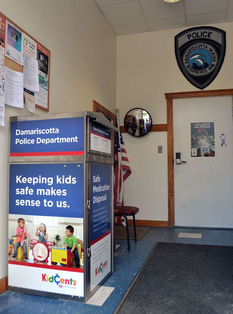 A medication disposal unit was recently installed inside the entrance to the Damariscotta Police Department for the disposal of expired or unwanted medications. (Maia Zewert photo)