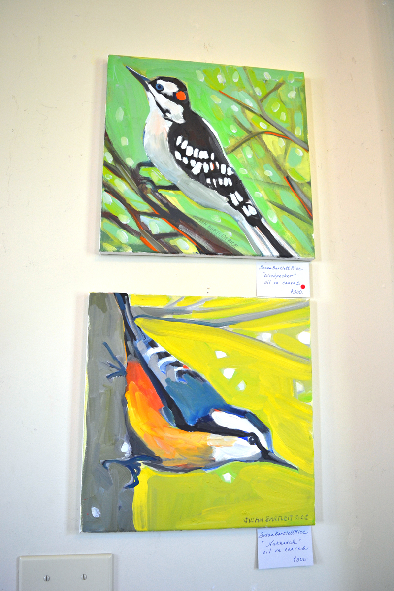 Susan Bartlett Rice's small paintings "Woodpecker" (top) and "Nuthatch" are part of her series of winter birds at her backyard feeder. (Christine LaPado-Breglia photo)