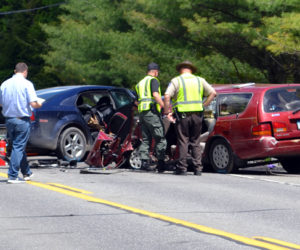 Investigators work at the scene of a fatal accident on Route 27 in Dresden, just north of the Wiscasset town line, the morning of Friday, June 2. (Abigail Adams photo)