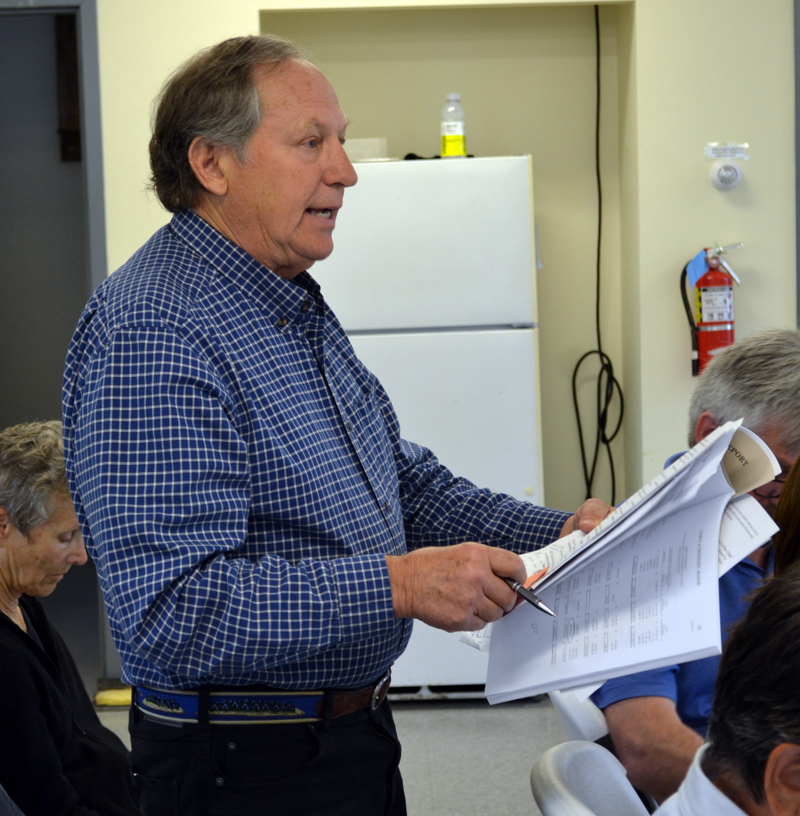 Dresden Budget Review Committee Chair Peter Walsh speaks at annual town meeting Saturday, June 17. (Abigail Adams photo)