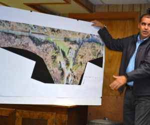 Maine Department of Transportation Project Manager Ernie Martin explains the department's plan to build a "Florida T" intersection at Route 1 and Route 27 in Edgecomb during a meeting of the Edgecomb Board of Selectmen on Monday, June 5. (Abigail Adams photo)