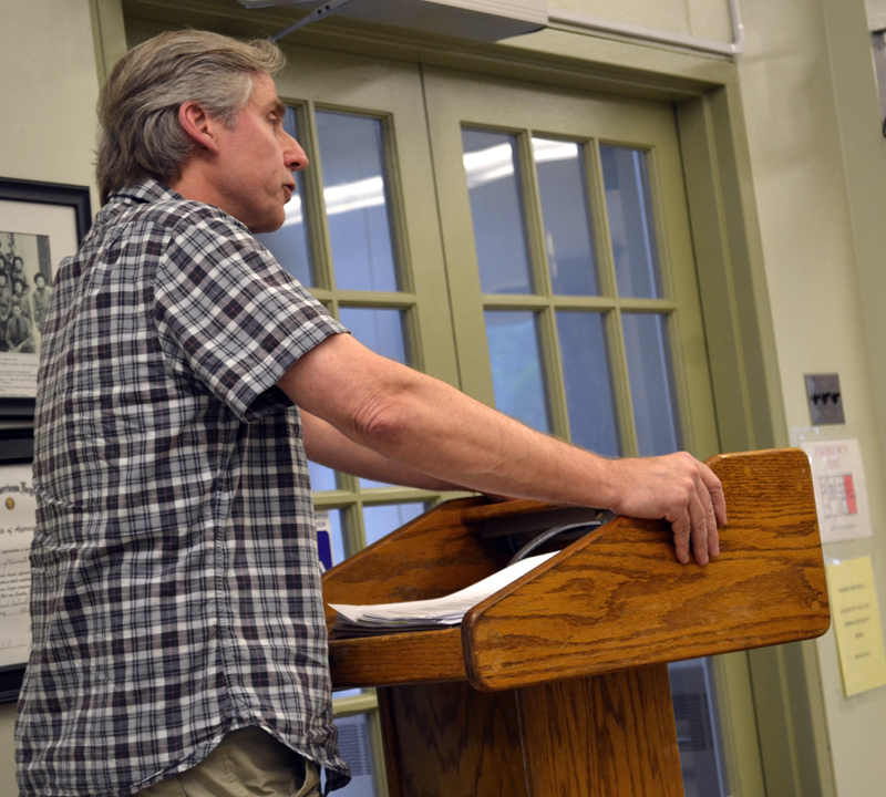 Wiscasset Historic Preservation Commissioner James Kochan addresses the Wiscasset Board of Appeals on Monday, June 19. (Abigail Adams photo)