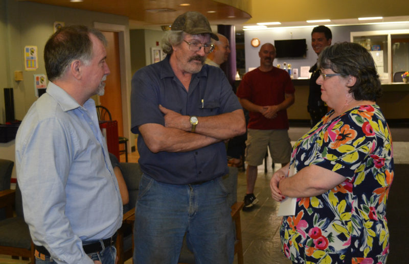 From left: Wiscasset Selectman Ben Rines, candidate for selectman Bob Blagden, and Town Manager Marian Anderson await the results of Wiscasset's annual town meeting by referendum Tuesday, June 13. (Abigail Adams photo)