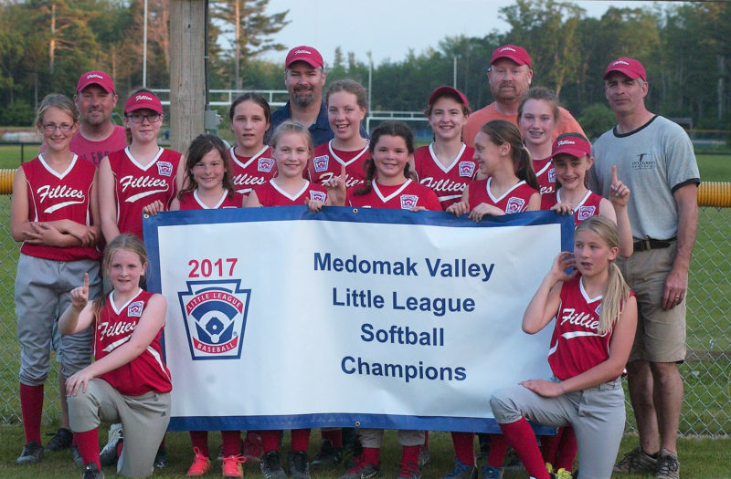 2017 Medomak Valley Little League softball champions, the Fillies. Team members are (kneeling) Arianna Sproul and Ana Underhill, (front from left) Jordon Doughty, Reese Instasi, Sara Nelson, Rachel Readinger, Kylie Blake, (back) Ruth Havner, Riley Instasi, Madison Greenrose, Natalie Dean, Quinn Overlock, and Madi Simmons. The team is coaches by Andy Havner, Trevor Readinger, Paul Sproul, and Jeff Nelson. (Carrie Reynolds photo)