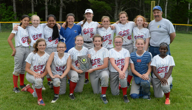 2017 Busline League softball champions, the Great Salt Bay School Cougars. Team members are (front from left) Grace Houghton, Michelle Mainm BrookeTelfer, Kaylee Poland, Kady Goode, Shea Clifford, Sopna Atkinson-Tatro, (back) Sonny Cumming, Chloe Achorn, Angel Rodriguez, coach Kassie Lincoln, Lizzie Ober, Bella Hanna, Victoria Libby, Brittni Hartley, and coach Bill Morgner. (Paula Roberts photo)