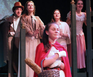 Cast members in rehearsal for "Into the Woods" at Heartwood Regional Theater Company. Back row from left: Andy Martinez, Verity Pryor-Harden, Genevieve Taylor, and Ariel Seidman-Wright; and (front) Kayleigh Tolley.