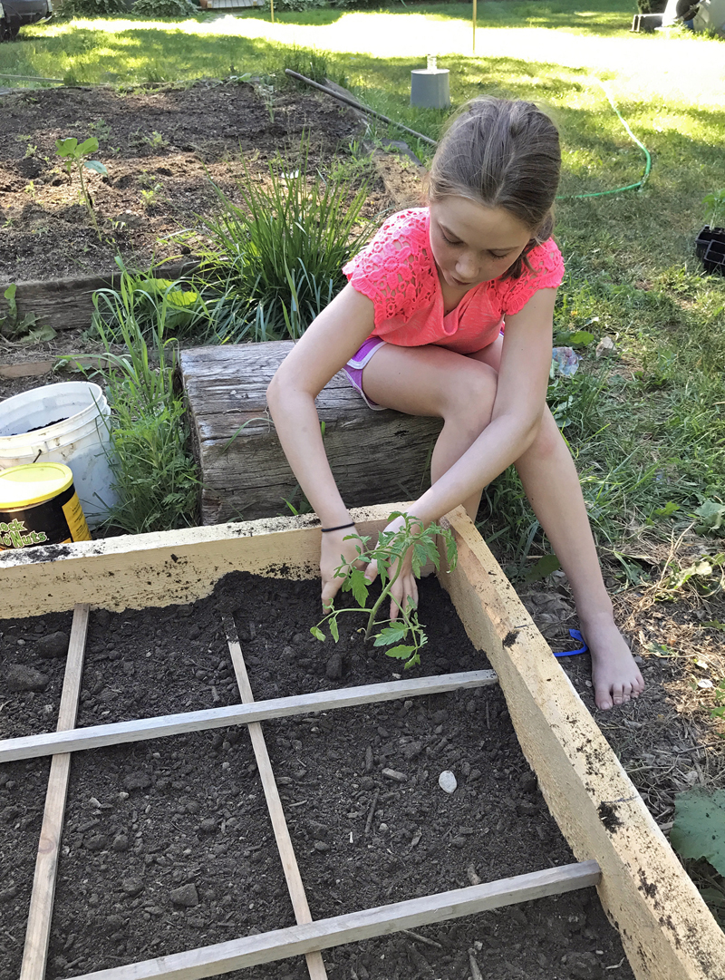 Hanna Perce, age 9, plants a vegetable garden at her home with assistance from LincolnHealth occupational therapist and master gardener volunteer Alan Littlefield.