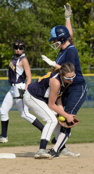 Medomak shortstop Sadie Cohen tags out Alexis Mazurek trying to steal second. (Paula Roberts photo)