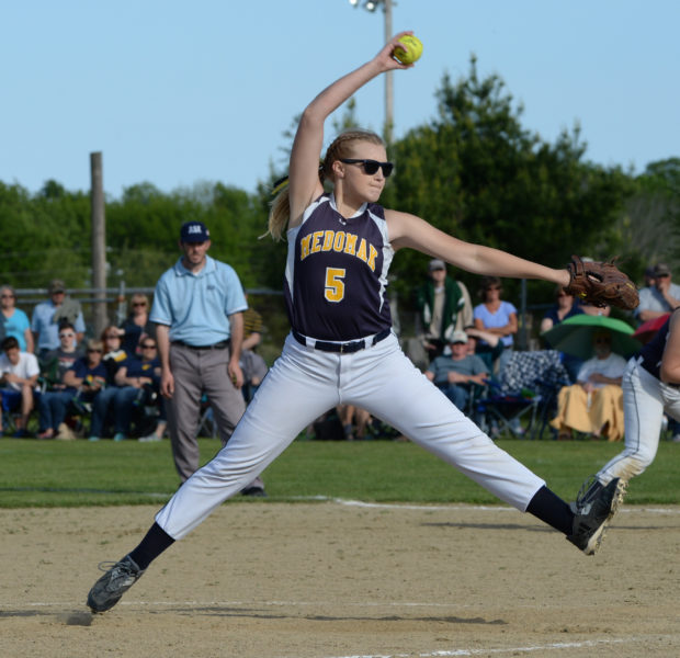 Medomak Valley junior Gabby DePatsy winds up for the pitch playoff action at Oceansdie. DePatsy was named KVAC Softball Player of the Year. (Paula Roberts photo)