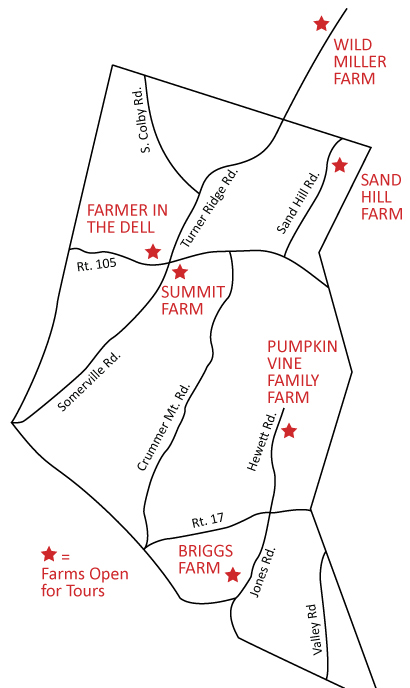 Farms on Somerville's Open Farm Day map produce goods ranging from commercial dairy and vegetables to syrup, honey, eggs, and small livestock.