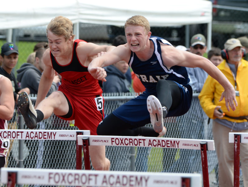 Wiscasset's Matt Chapman (left) placed seventh in the State Class C 110 high hurdles. (Paula Roberts photo)