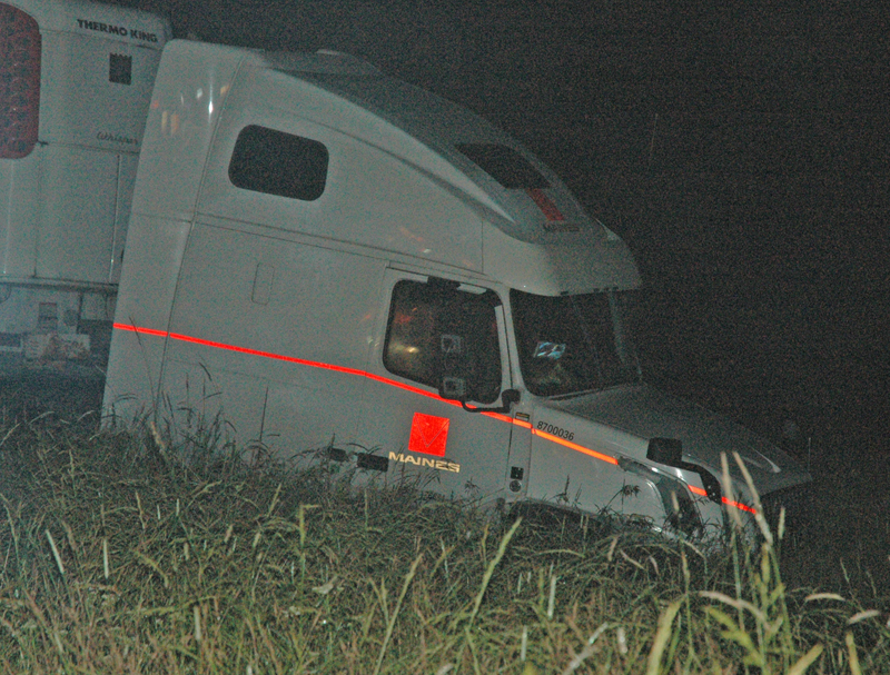 A semitrailer came to a rest on the northbound side of Route 1 in Damariscotta after a collision with a pickup truck early Saturday, July 1. (Alexander Violo photo)