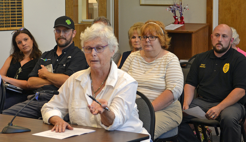 Lorraine Faherty speaks during a public hearing about recreational marijuana at the Damariscotta town office Wednesday, July 19. (Maia Zewert photo)