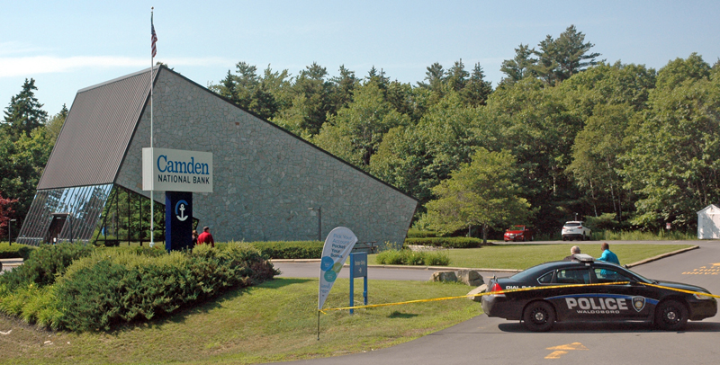 Police tape blocks the entrance to Camden National Bank in Waldoboro on Monday, July 17. (Alexander Violo photo)