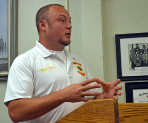 Wiscasset Fire Chief T.J. Merry addresses the Wiscasset Board of Selectmen on Tuesday, July 18. (Abigail Adams photo)