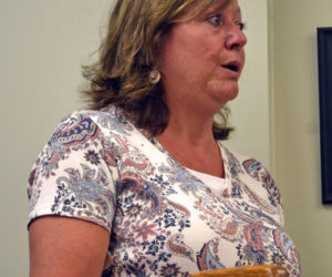 Wiscasset Area Chamber of Commerce President Monique McRae speaks in support of an open town meeting to reconsider the planning department budget. (Abigail Adams photo)