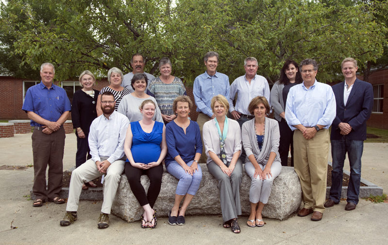 The 2017 Lincoln Academy Board of Trustees. Front from left: Dennis Prior, Faustine Reny, Karen Moran, Lisa Masters, and Chrissie Wajer. Back: Jon McKane, Betty Allen, Bill Morgner, Sarah Maurer, Pam Gormley, Hugh Riddleberger, Stephen Dixon, Judi Hilton, Head of School David Sturdevant, and Chris Olson. Not pictured: new board member Paul Anderson.