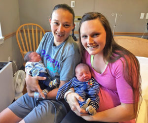 Sisters Samantha Maynard (left) and Kaitlyn Kelley delivered baby boys at LincolnHealth's Miles Campus in Damariscotta on the same day, Aug. 2. (Photo courtesy Christine Henson/LincolnHealth)