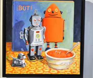 "Robot Lunch," one of the acrylic paintings in Denise Rankin's "Robots" series on exhibit at The Stable Gallery in Damariscotta through mid-September. (Christine LaPado-Breglia photo)