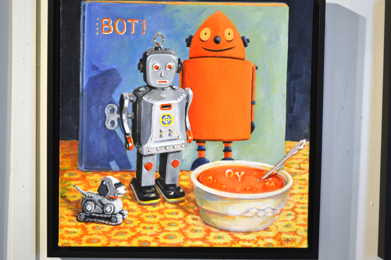 "Robot Lunch," one of the acrylic paintings in Denise Rankin's "Robots" series on exhibit at The Stable Gallery in Damariscotta through mid-September. (Christine LaPado-Breglia photo)