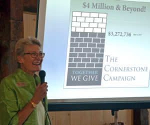 LincolnHealth Board of Trustees member Marva Nesbit announces the $700,000 goal for The Cornerstone Campaign during a kickoff event at The 1812 Farm in Bristol Mills on Tuesday, Aug. 1. (Maia Zewert photo)