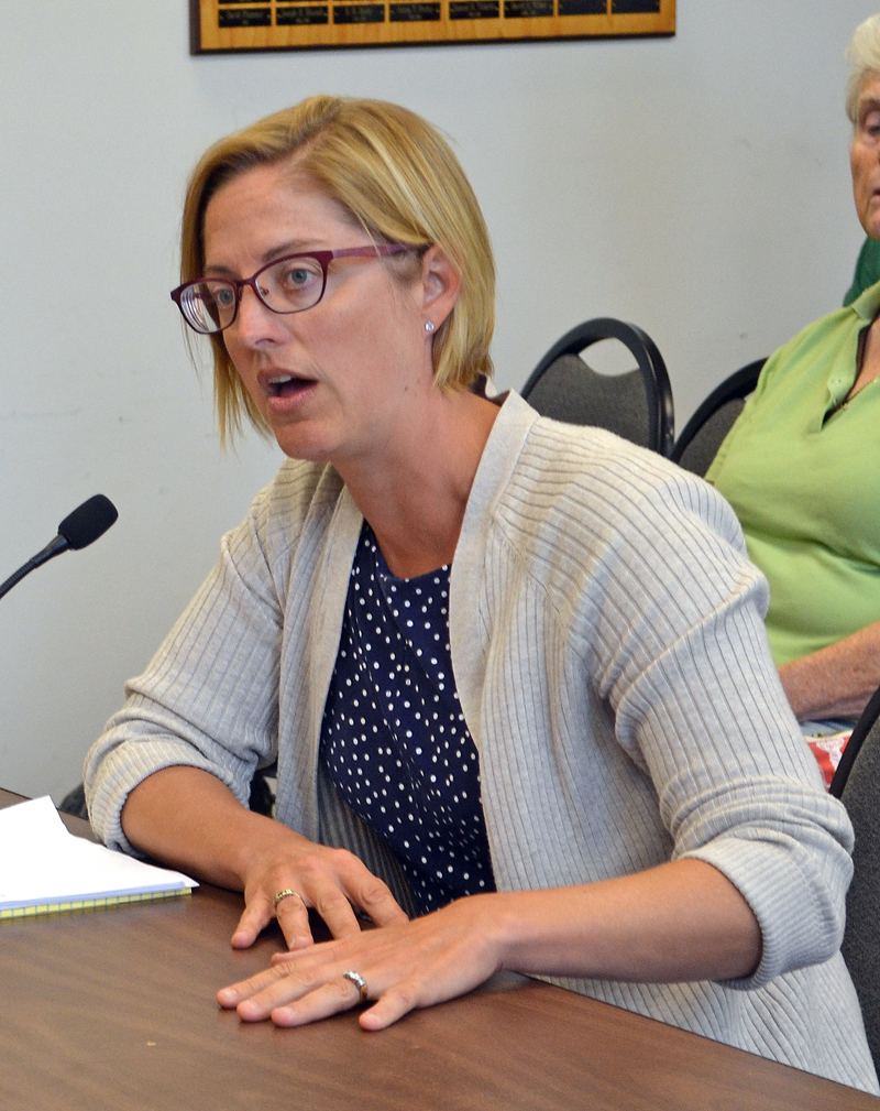 Damariscotta town attorney Jenny Villeneuve discusses a petition for a moratorium on commercial development during the Damariscotta Board of Selectmen's meeting Tuesday, Aug. 15. (Maia Zewert photo)