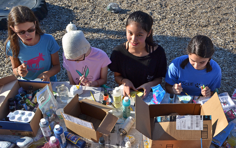 From left: Great Salt Bay Community School students Clara Goltz, Alice Skiff, Sonny Cumming, and Casey Nelson paint rocks to raise awareness of pediatric cancer. Skiff, of Newcastle, is undergoing chemotherapy after having brain surgery to remove a tumor in October 2016. (Maia Zewert photo)