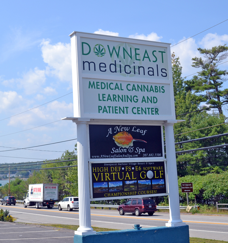 A sign on Route 1 in Edgecomb welcomes customers to Downeast Medicinals. (Abigail Adams photo)