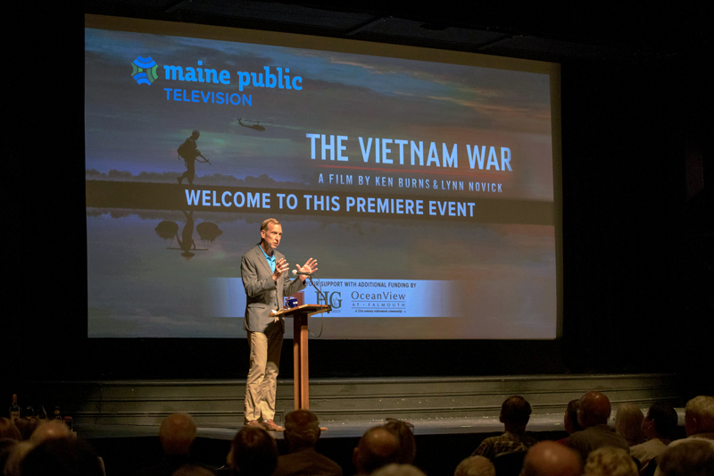 Maine Public CEO and President Mark Vogelzang addresses the audience during Lincoln Theater's annual membership meeting the evening of Tuesday, Aug. 22. (Photo courtesy Maine Public)