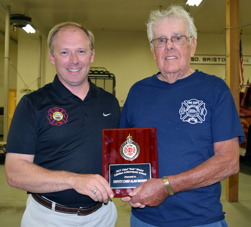 Waldoboro Fire Chief Paul Smeltzer (left) presents the Chief Bob Maxcy Lifetime Achievement Award to former Waldoboro Deputy Fire Chief Allan Benner. (J.W. Oliver photo)