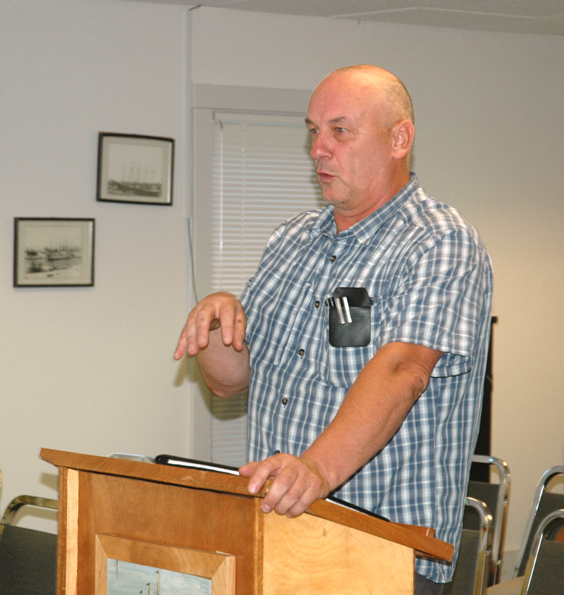 Architect Charles Campbell makes a presentation on behalf of Abden Simmons during a public hearing before the Waldoboro Board of Appeals on Thursday, Aug. 17. (Alexander Violo photo)