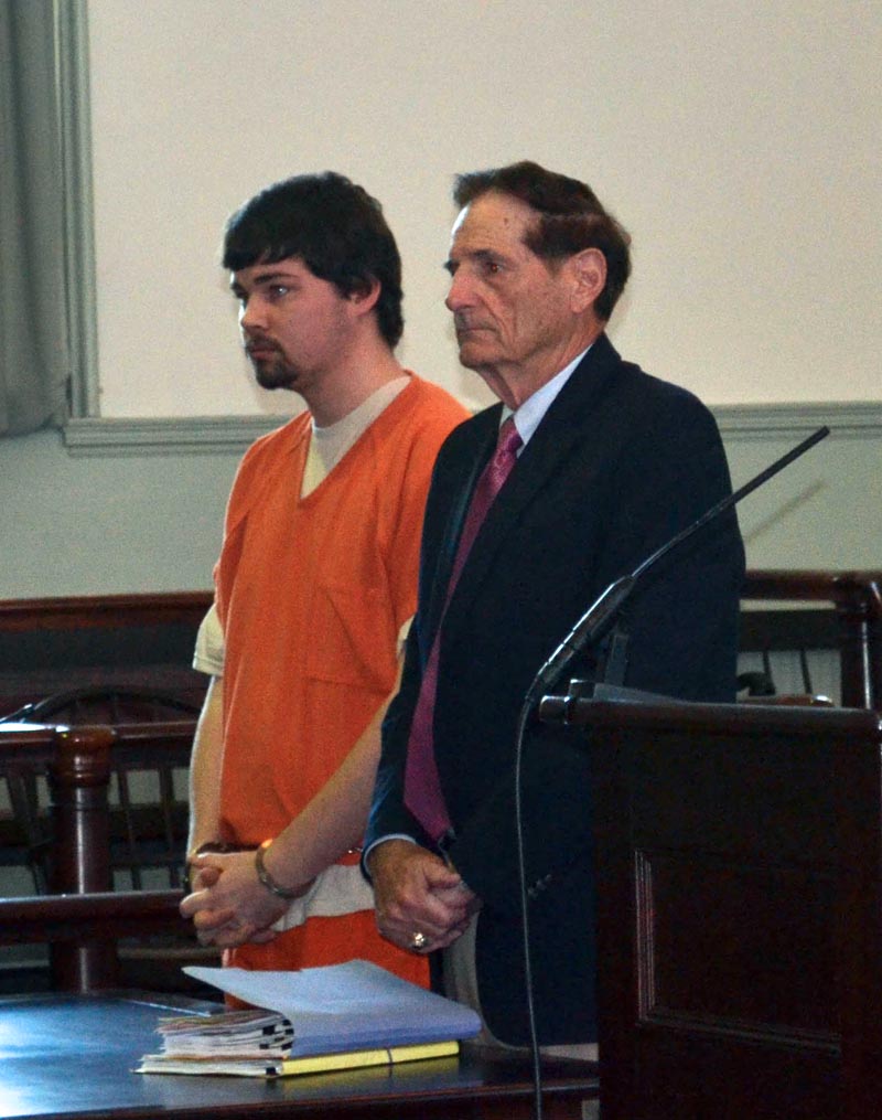 Andrew P. Baldwin Jr. (left) stands with his attorney, William Pagnano, during his sentence hearing at the Lincoln County Courthouse in Wiscasset on Wednesday, Aug. 1. (Abigail Adams photo)