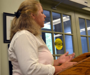 Lucinda Tilas addresses the Wiscasset Board of Selectmen on Aug. 22. (Abigail Adams photo)