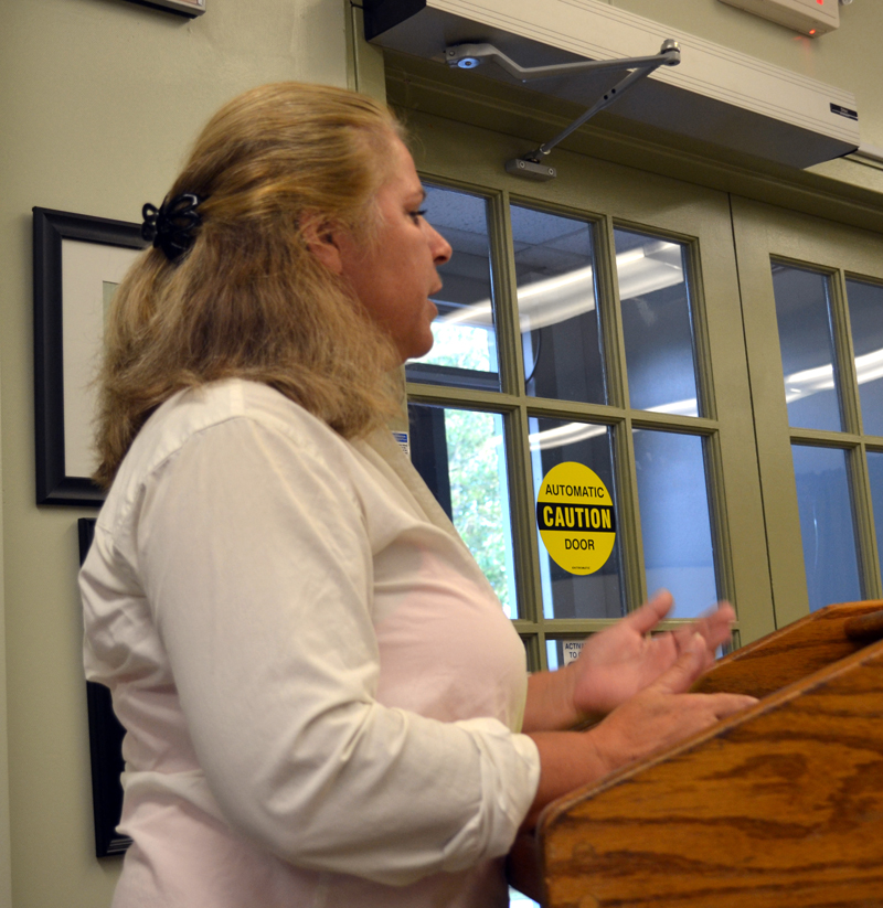 Lucinda Tilas addresses the Wiscasset Board of Selectmen on Aug. 22. (Abigail Adams photo)