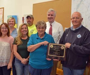 Bristol municipal departments recently earned the Safety and Health Award for Public Employers. Front from left: Deputy Treasurer Lisa Peters, Parks Director Lara Sargent, Parks and Recreation Commissioner Sandra Lane, Fire Chief Paul Leeman Jr., and Code Enforcement Officer Joe Rose. Back: highway department employee Sean Hunter, Deputy Clerk Jessica Westhaver, Bristol-South Bristol Transfer Station Manager David Poland, and Town Administrator Chris Hall. (Maia Zewert photo)