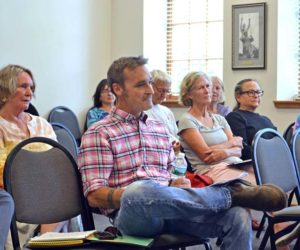 Gabe Shadis (center) addresses the Damariscotta Board of Appeals on Tuesday, Sept. 26 about his appeal of the Damariscotta Planning Board's approval of Stepping Stone Housing Inc.'s plans for the former Blue Haven property. (Maia Zewert photo)