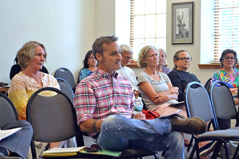 Gabe Shadis (center) addresses the Damariscotta Board of Appeals on Tuesday, Sept. 26 about his appeal of the Damariscotta Planning Board's approval of Stepping Stone Housing Inc.'s plans for the former Blue Haven property. (Maia Zewert photo)