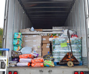 A trailer filled to capacity with bottled water, diapers, pet supplies, and other essentials departed from Damariscotta the afternoon of Sunday, Sept. 17 bound for Florida to help those impacted by Hurricane Irma. (Maia Zewert photo)