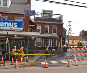 Great Salt Bay Sanitary District and Hagar Enterprises Inc. crews start work on Elm Street in Damariscotta the morning of Tuesday, Sept. 5. (Maia Zewert photo)