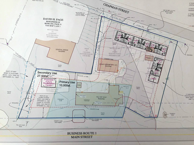 A sketch plan for the Hilltop Stop property in Damariscotta shows the location of a motel and a new redemption center the property owner plans to build.