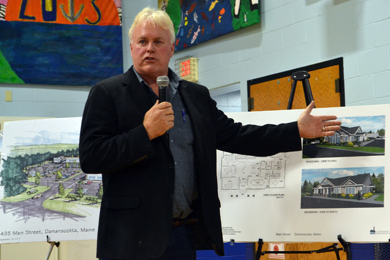 Commercial Properties Inc. CEO Daniel Catlin discusses his plans for a commercial development at 435 Main St. in Damariscotta during a public hearing at Great Salt Bay Community School the evening of Monday, Sept. 18. (Maia Zewert photo)