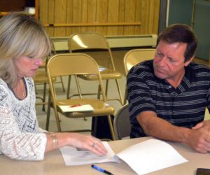 Maggie Connelly and Maine Department of Transportation Regional Planner Gerry Audibert discuss the Eddy Road at the Edgecomb Board of Selectmen's Monday, Sept. 11 meeting. (Abigail Adams photo)