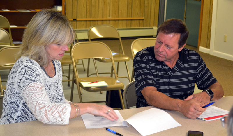 Maggie Connelly and Maine Department of Transportation Regional Planner Gerry Audibert discuss the Eddy Road at the Edgecomb Board of Selectmen's Monday, Sept. 11 meeting. (Abigail Adams photo)