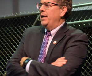 Lincoln Academy Head of School David Sturdevant speaks during the LA Town Hall at Parker B. Poe Theater in Newcastle on Wednesday, Sept. 20. (Maia Zewert photo)