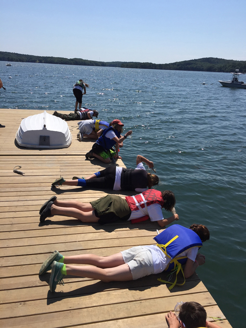 Boothbay Sea and Science Center campers take temperature, salinity and turbidity measurements with thermometers, hydrometers, and Secchi disks off the Darling Marine Center dock.