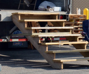 The stairway used to load hurricane-relief supplies onto a trailer at The American Legion in Damariscotta is missing.