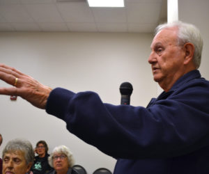 Damariscotta resident Lou Abbotoni speaks against a moratorium on commercial development during a public hearing Monday, Oct. 16. (Maia Zewert photo)