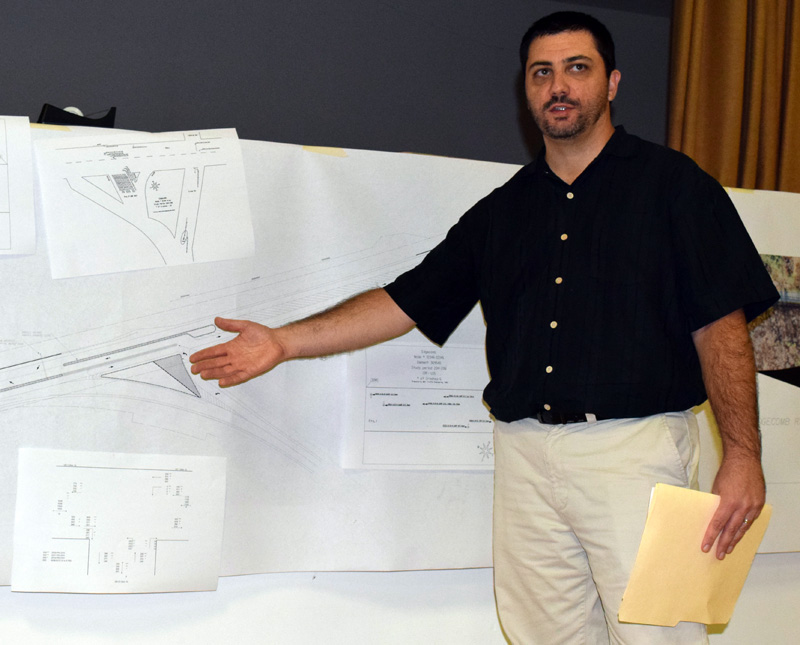 Matt Philbrick gestures to a diagram as he explains the Maine Department of Transportation's plan for improvements to the intersection of Route 1 and Route 27 in Edgecomb during a public hearing at the Edgecomb town hall Tuesday, Oct. 10. (J.W. Oliver photo)